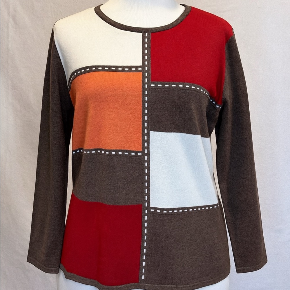 Alfred Dunner Men's Brown and Red Colorblock Crewneck Sweater